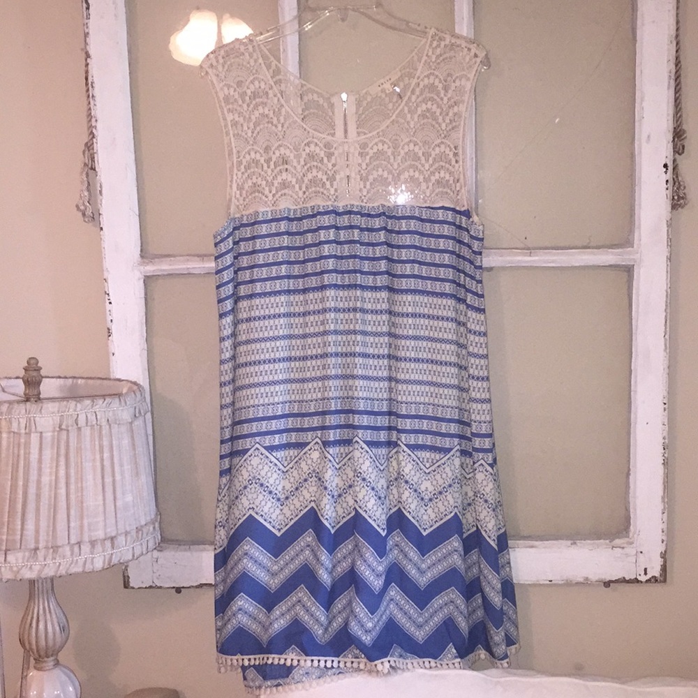 Boutique bought cream lace, blue patterned dress